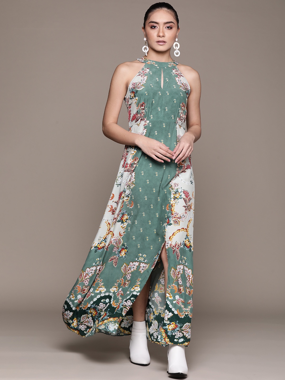 Label Ritu Kumar Green & White Ethnic Print Crepe Maxi Dress with Front Slit & Cut-Out
Label Ritu Kumar Green & White Ethnic Print Crepe Maxi Dress with Front Slit & Cut-Out