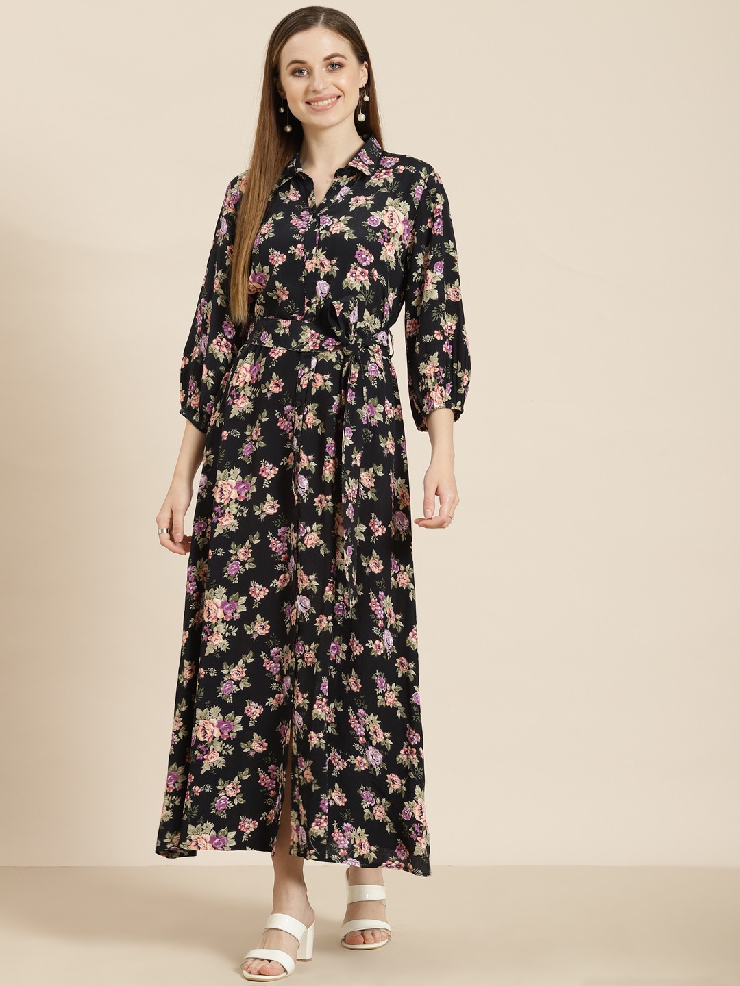 Juniper Multicoloured Floral Printed Shirt Collar Bishop Sleeves Belted Rayon A-Line Dress, Multi
Juniper Multicoloured Floral Printed Shirt Collar Bishop Sleeves Belted Rayon A-Line Dress, Multi