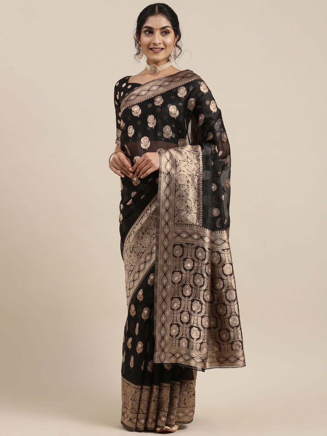 Saree mall Black Floral Organza Banarasi Saree