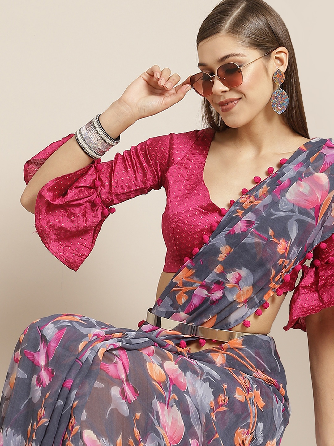 Tikhi Imli Grey & Pink Floral Print Pom-Pom Saree