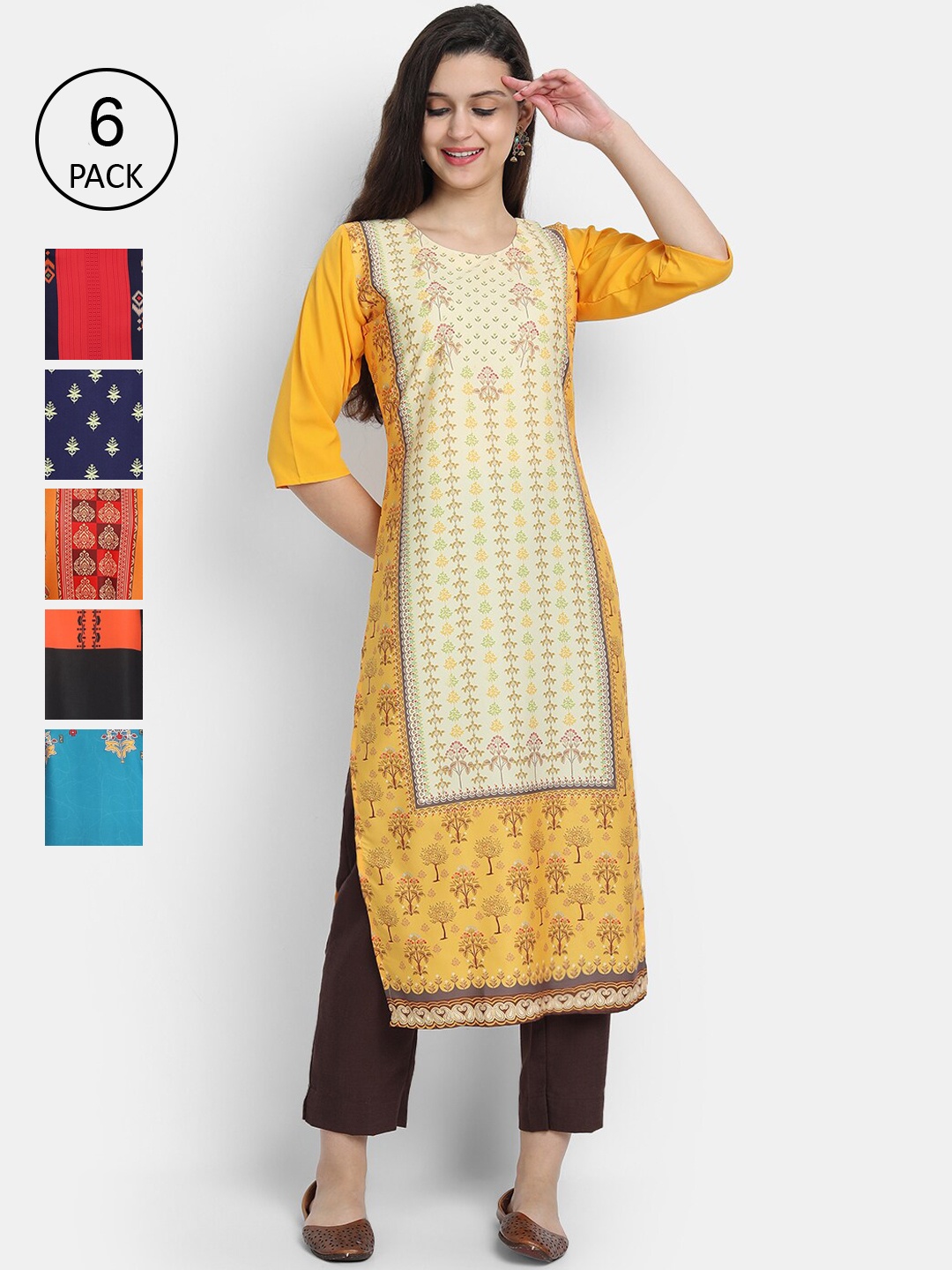7Threads Women Yellow & Orange Geometric Printed Crepe Kurta