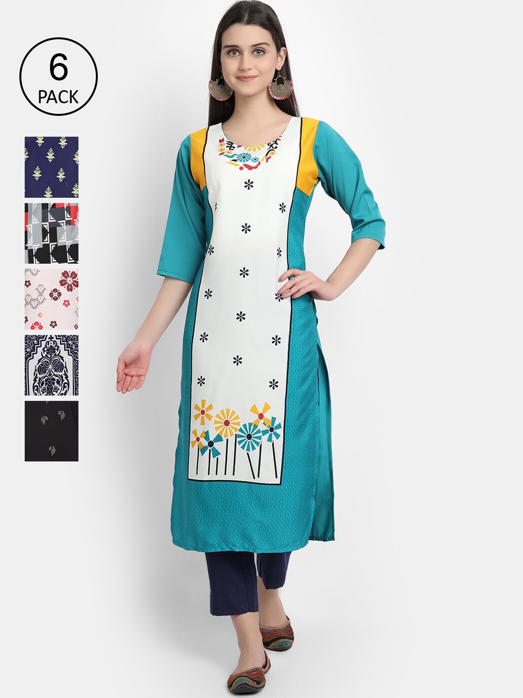 7Threads Pack of 6 Women Printed Crepe Kurta, Multi
