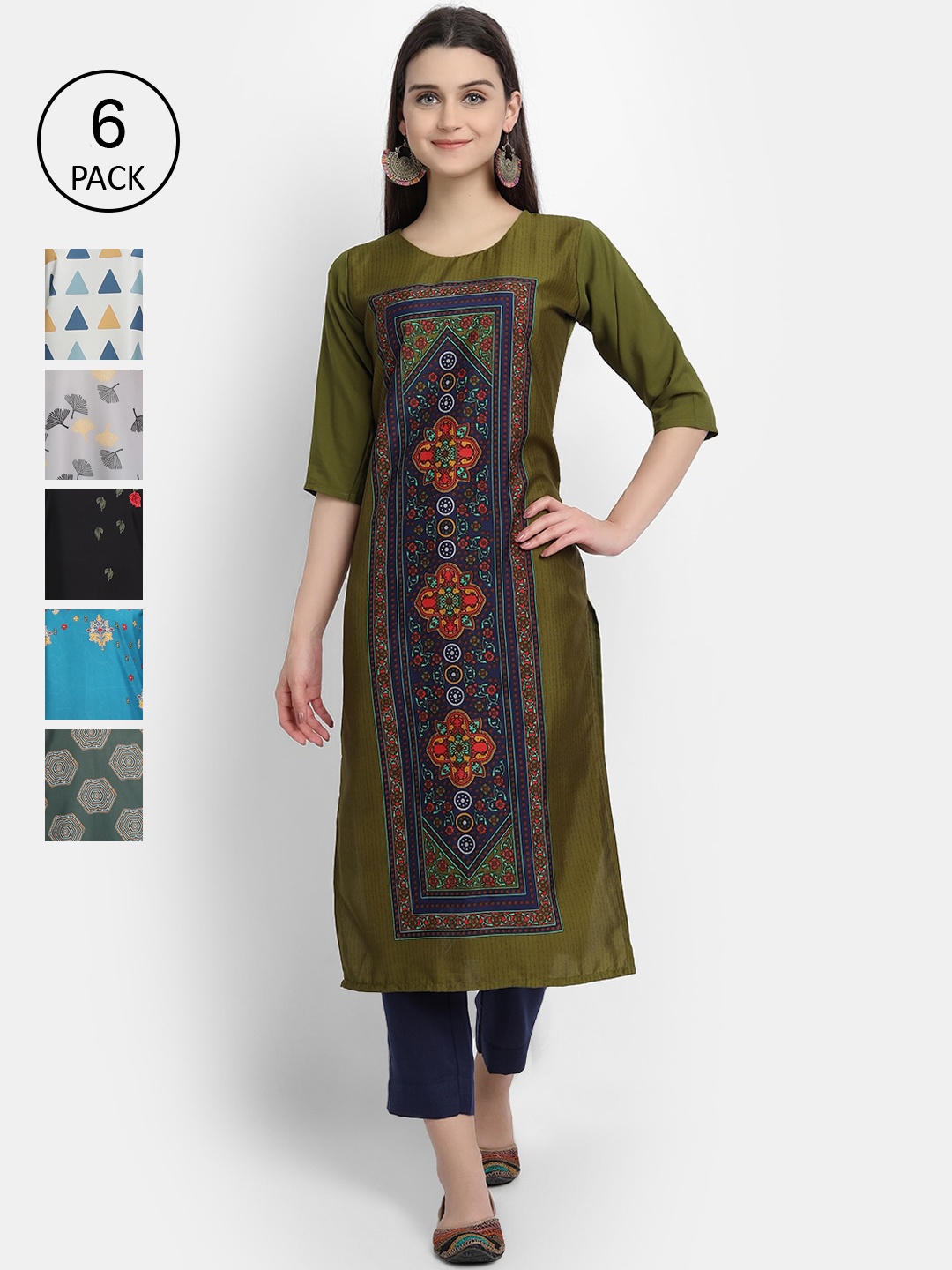 7Threads Women Pack Of 6 Ethnic Motifs Printed Crepe Kurta, Multi