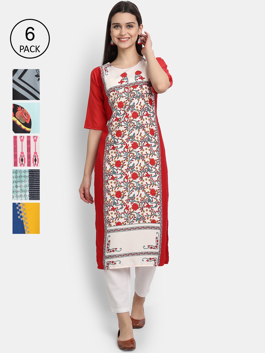 7Threads Women Red & Yellow Floral Printed Crepe Kurta