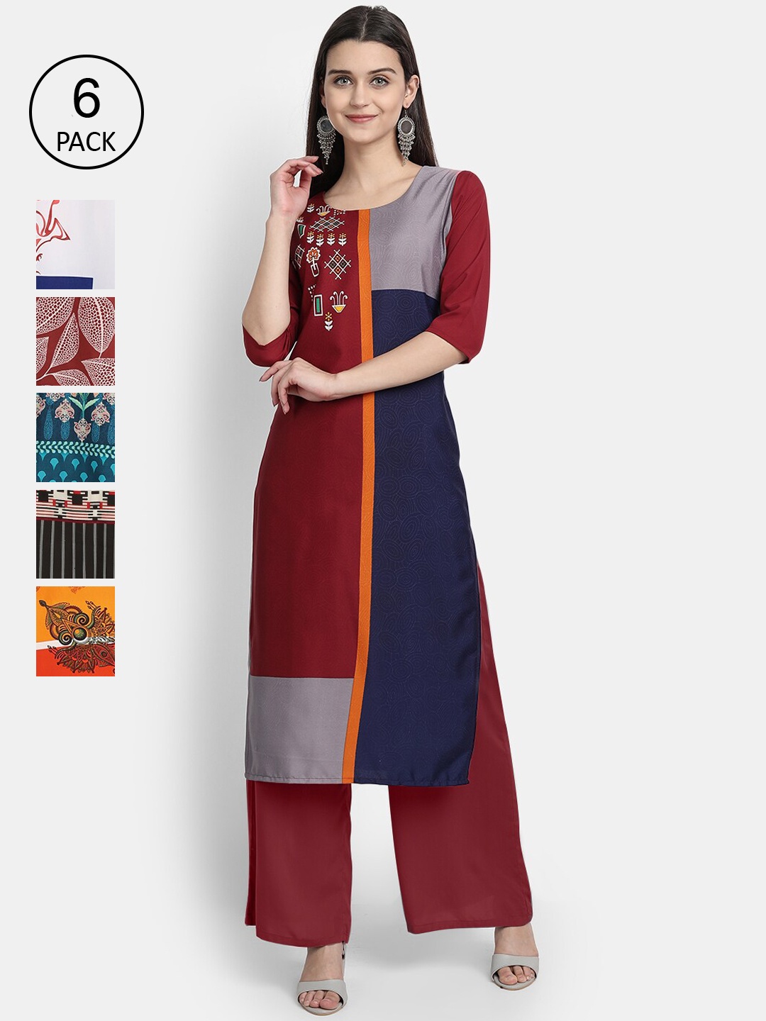 7Threads Pack of 6 Women Printed Crepe Kurta, Multi