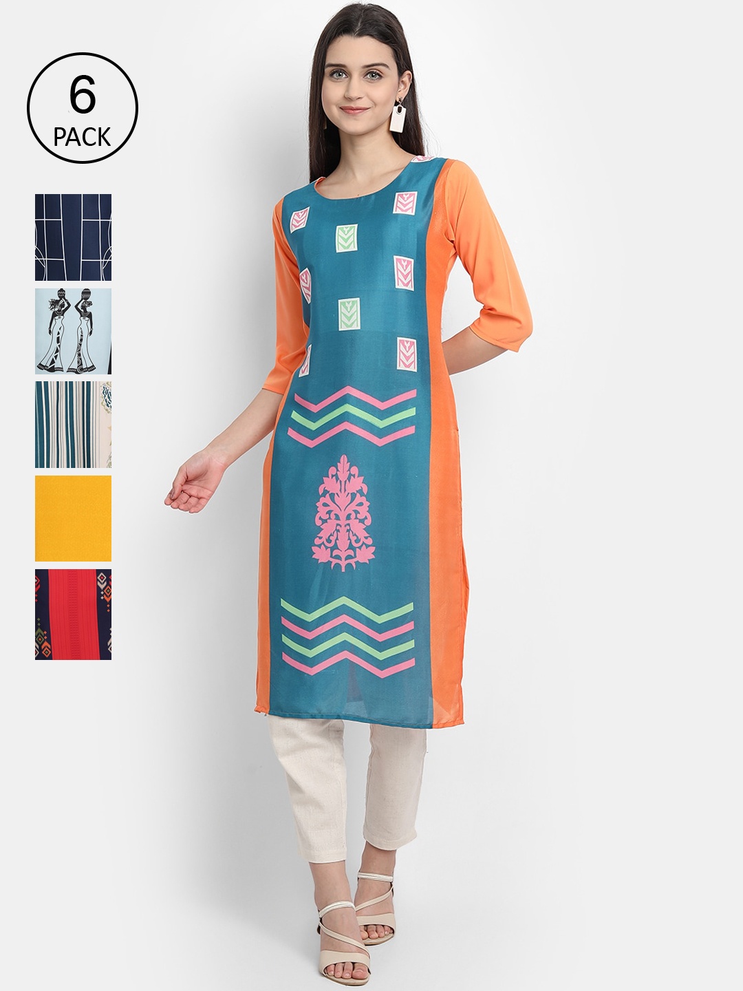 7Threads Pack of 6 Women Printed Crepe Kurta, Multi