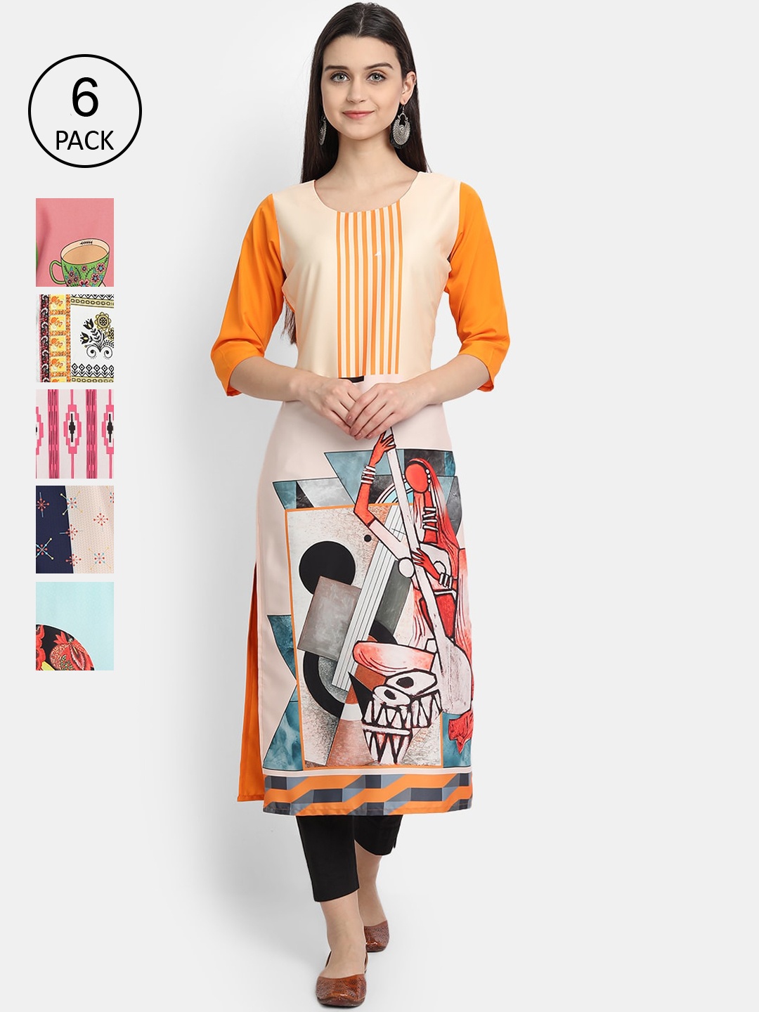 7Threads Women Pack Of 6 Ethnic Motifs Printed Crepe Kurta, Multi