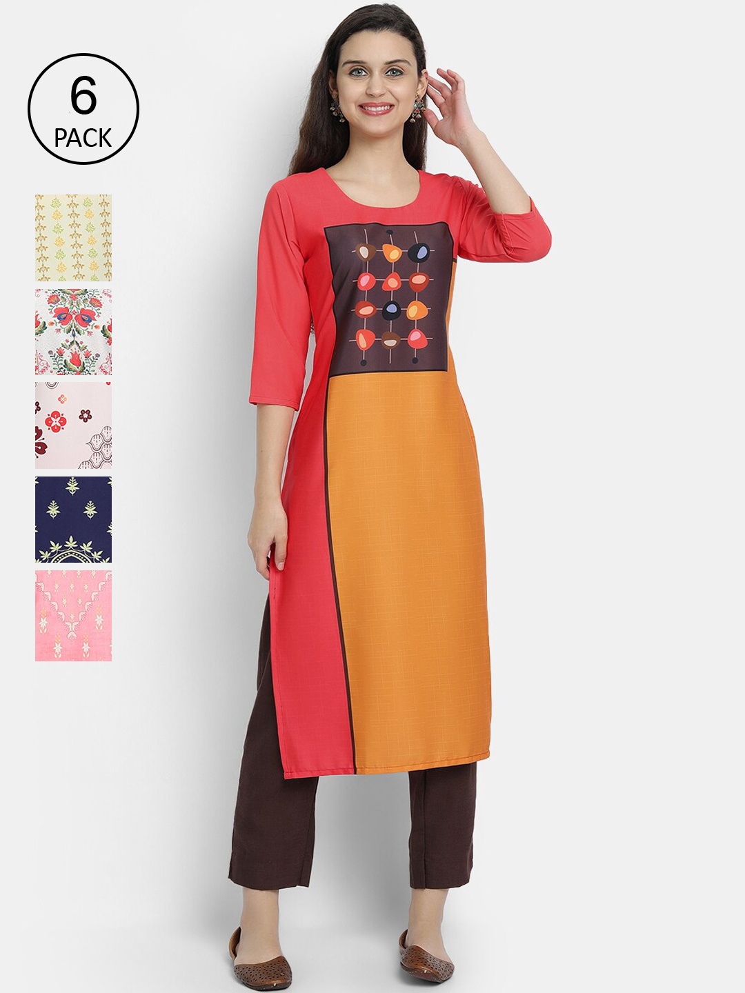 7Threads Women Pack of 6 Ethnic Motifs Printed Crepe Kurta, Multi