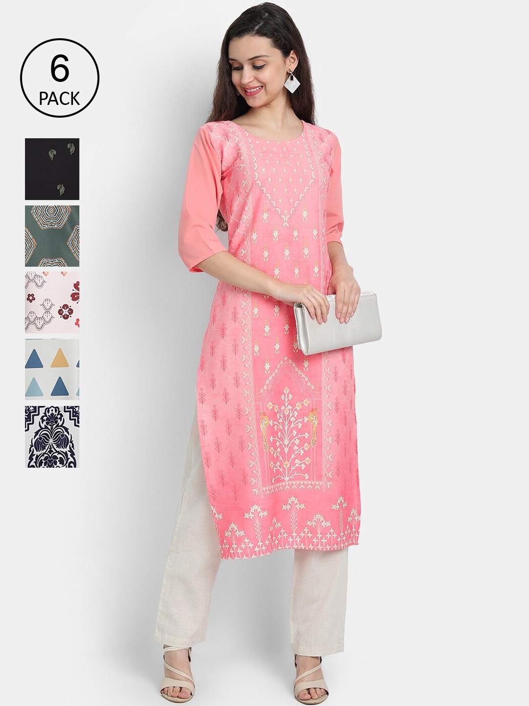7Threads Women Pack Of 6 Ethnic Motifs Printed Crepe Kurta, Multi