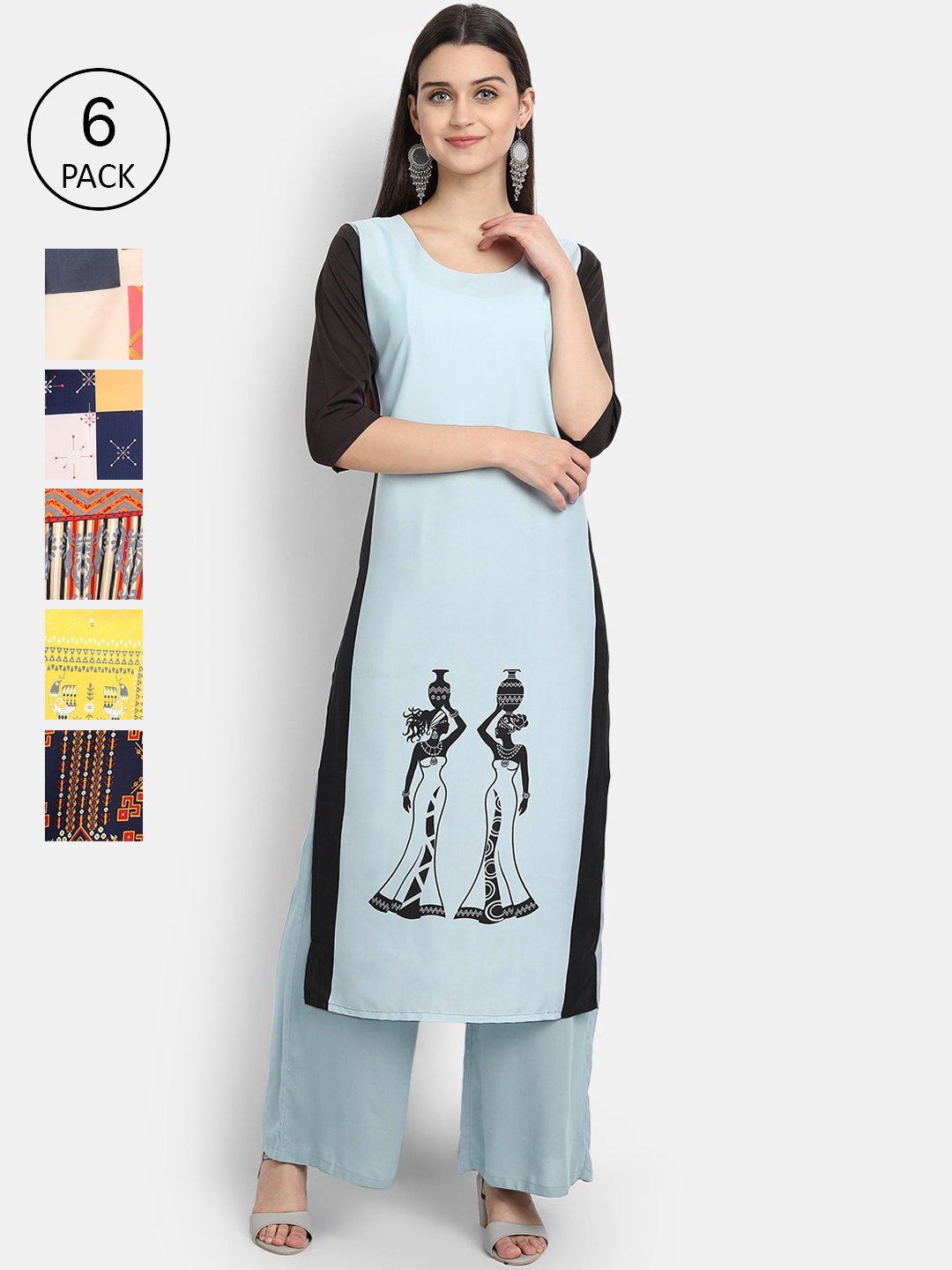 7Threads Woman Pack of 6 Multicoloured Printed Crepe Kurta, Multi