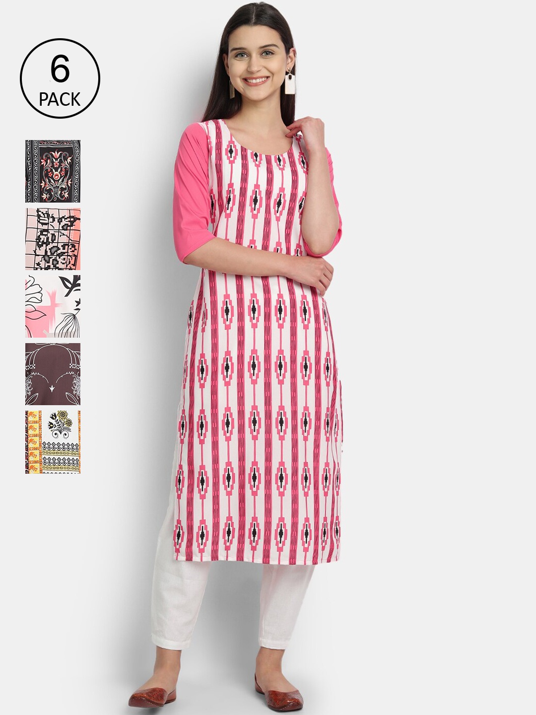 7Threads Women Pack of 6 Multicoloured Printed Crepe Straight Kurta, Multi