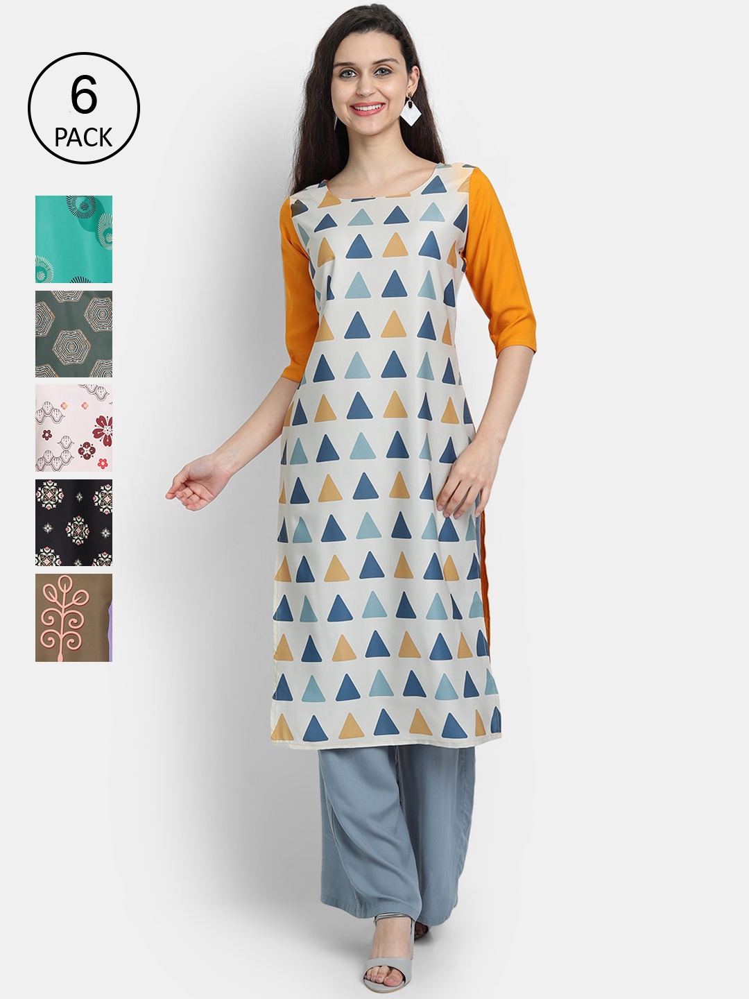 7Threads Woman Pack of 6 Multicoloured Ethnic Motifs Printed Crepe Kurta, Multi
