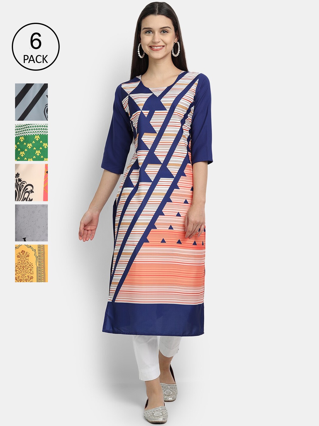 7Threads Women Pack Of 6 Printed Crepe Kurta, Blue