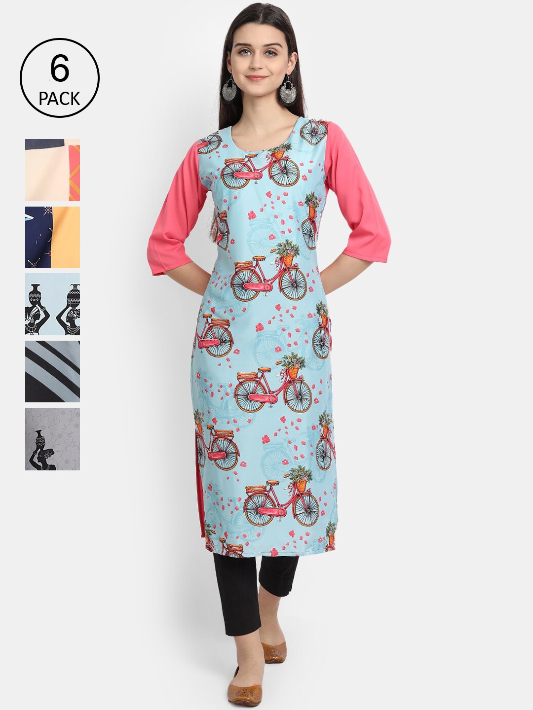 7Threads Women Pack Of 6 Multicoloured Floral Printed Crepe Kurta, Multi