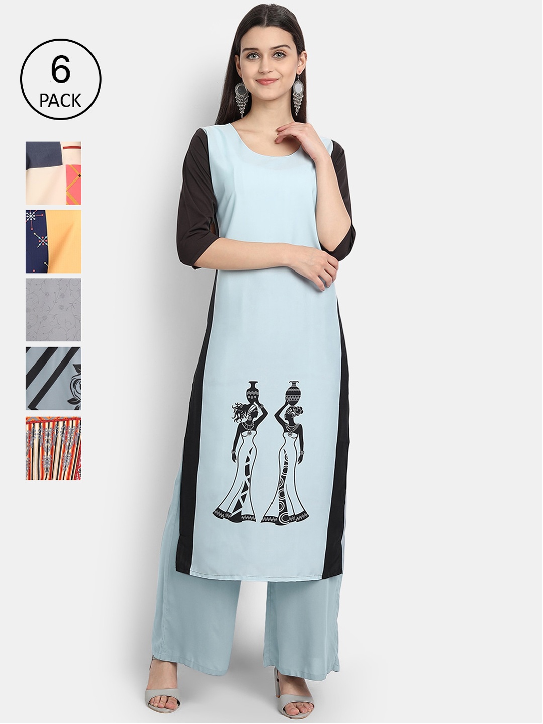 7Threads Women Pack of 6 Multicoloured Printed Straight Kurta, Multi