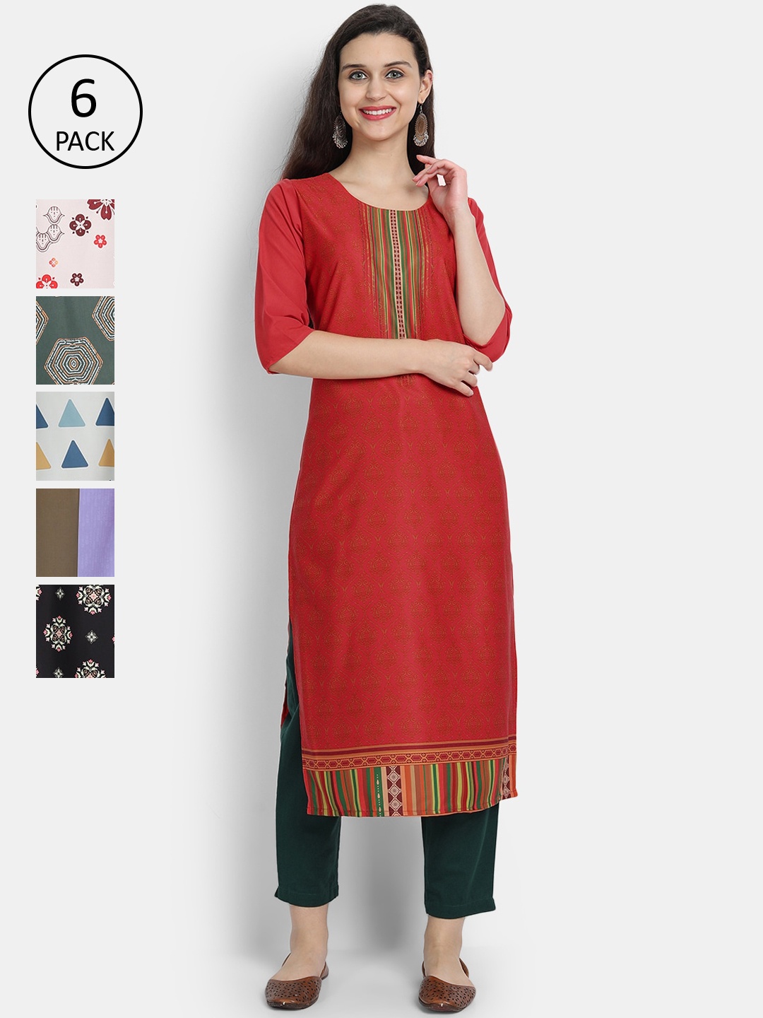 7Threads Women Pack of 6 Ethnic Motifs Printed Crepe Kurtas, Multi