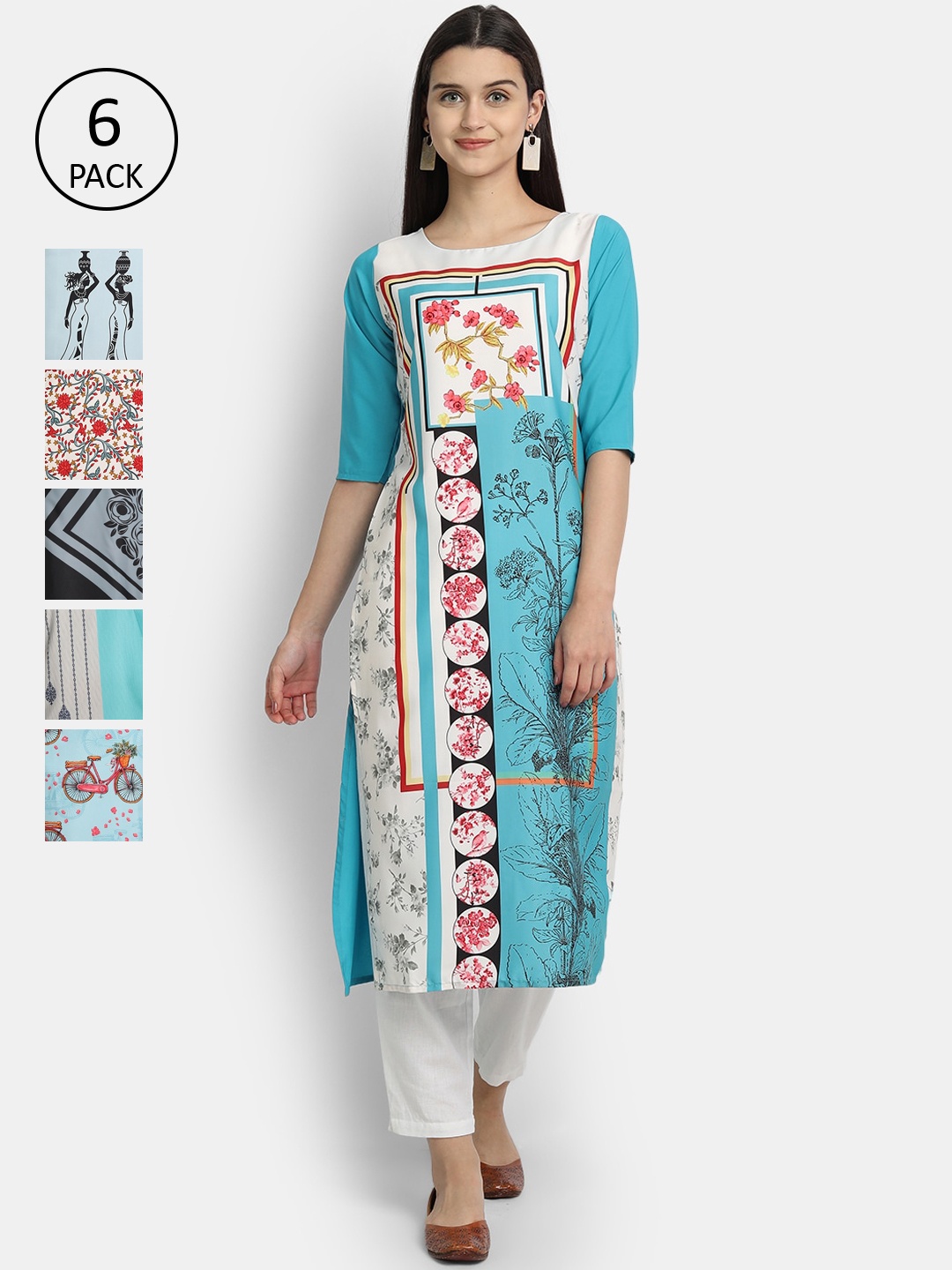 7Threads Women Pack of 6 Multicoloured Printed Straight Kurta, Multi