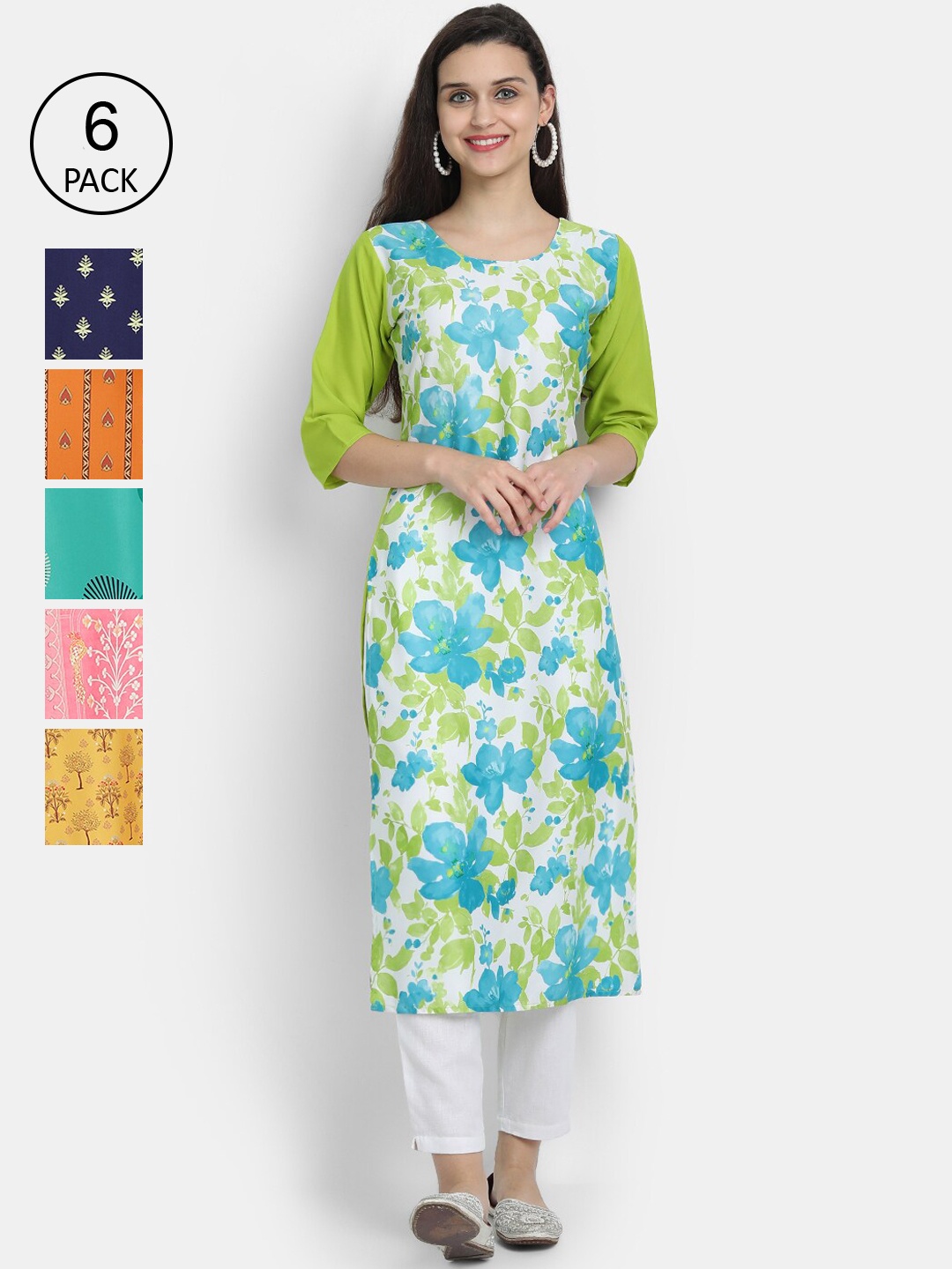 7Threads Women Pack of 6 Ethnic Motifs Printed Crepe Kurtas, Multi
