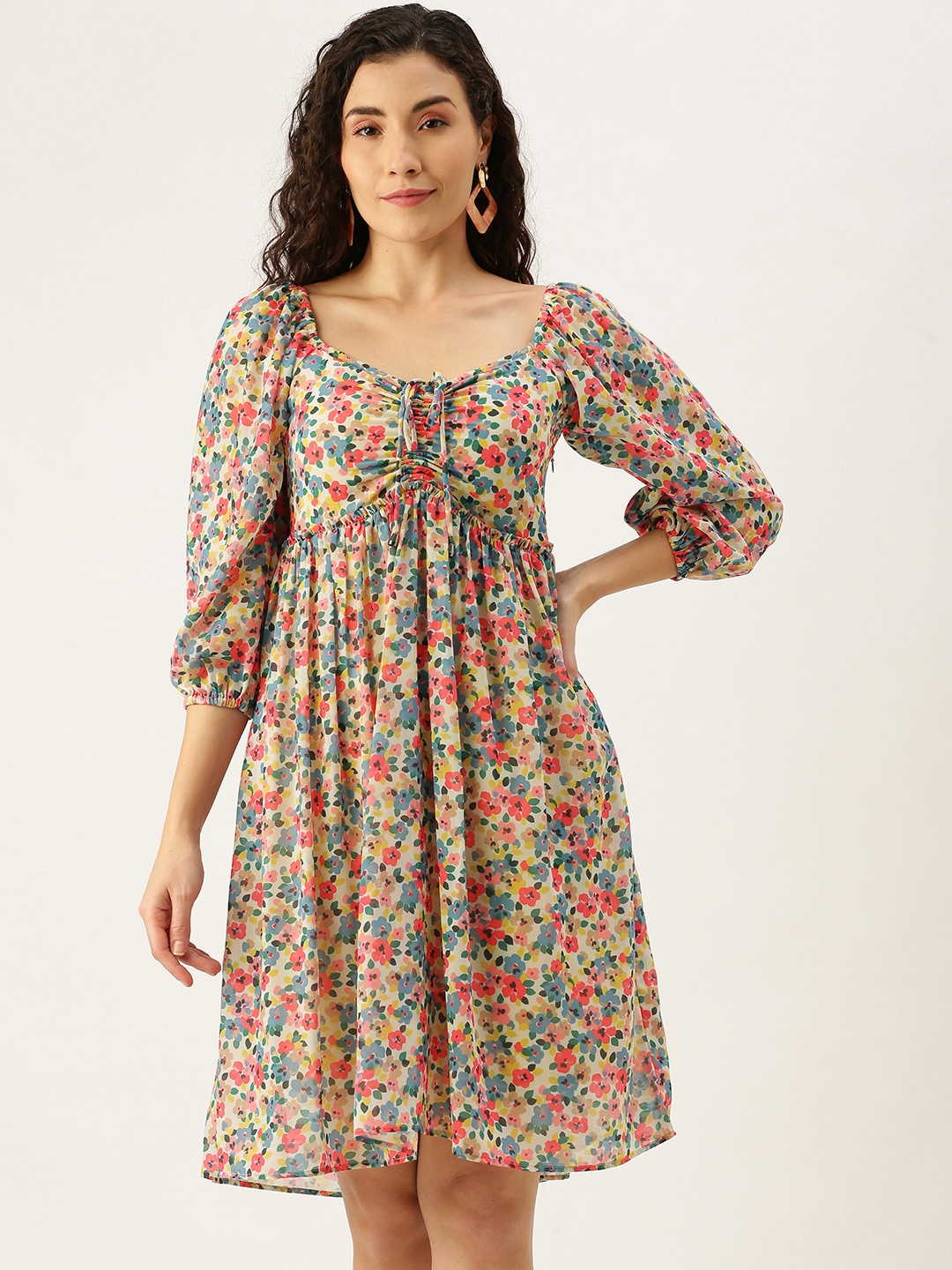 MELOSO Cream-Coloured & Blue Floral Georgette Empire Dress