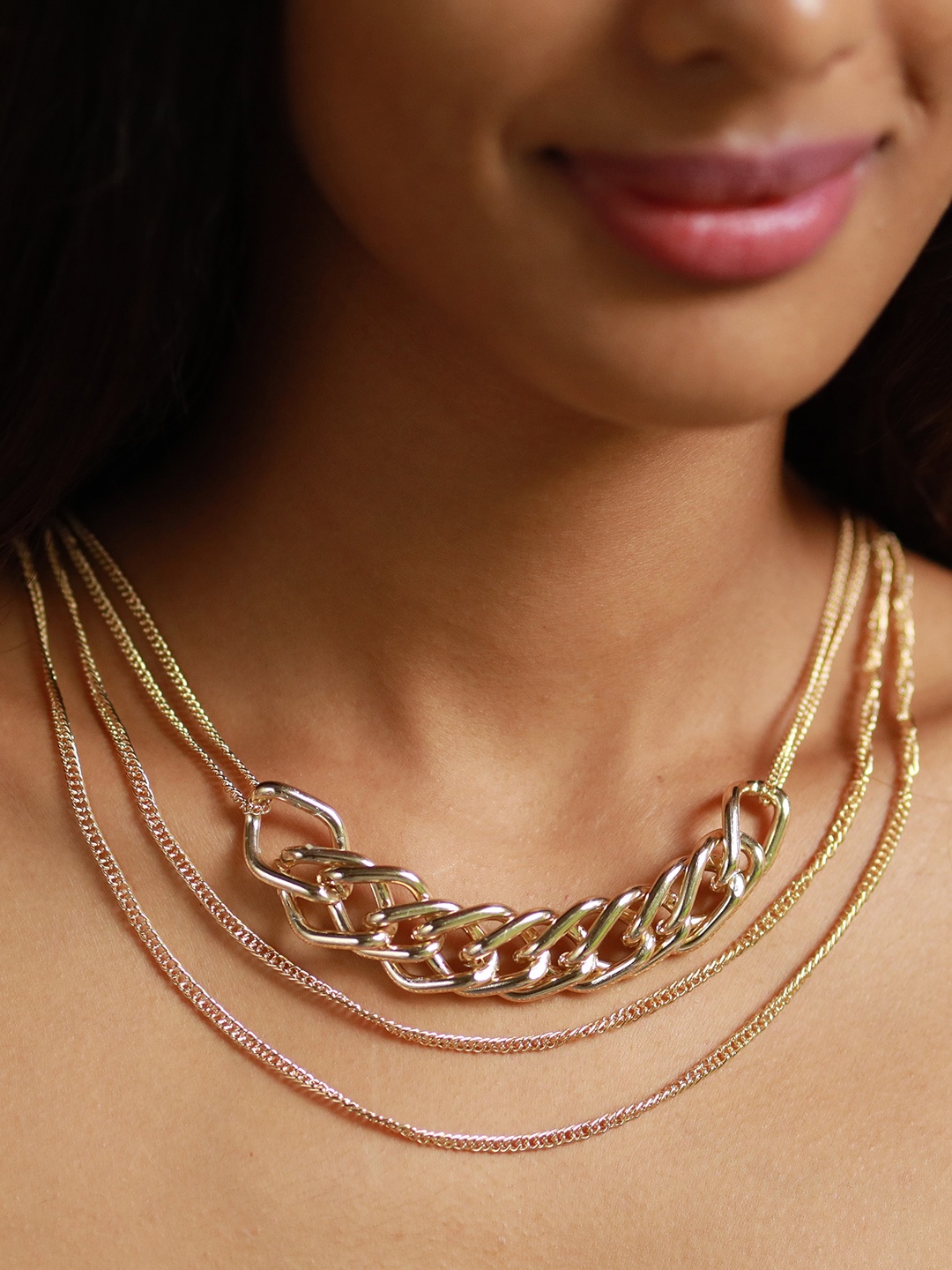 Ayesha Gold-Plated Chunky Chain-Link Triple Layered Necklace