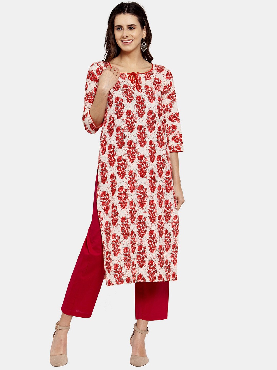 Enchanted Drapes Women Red & White Floral Printed Cotton Kurta