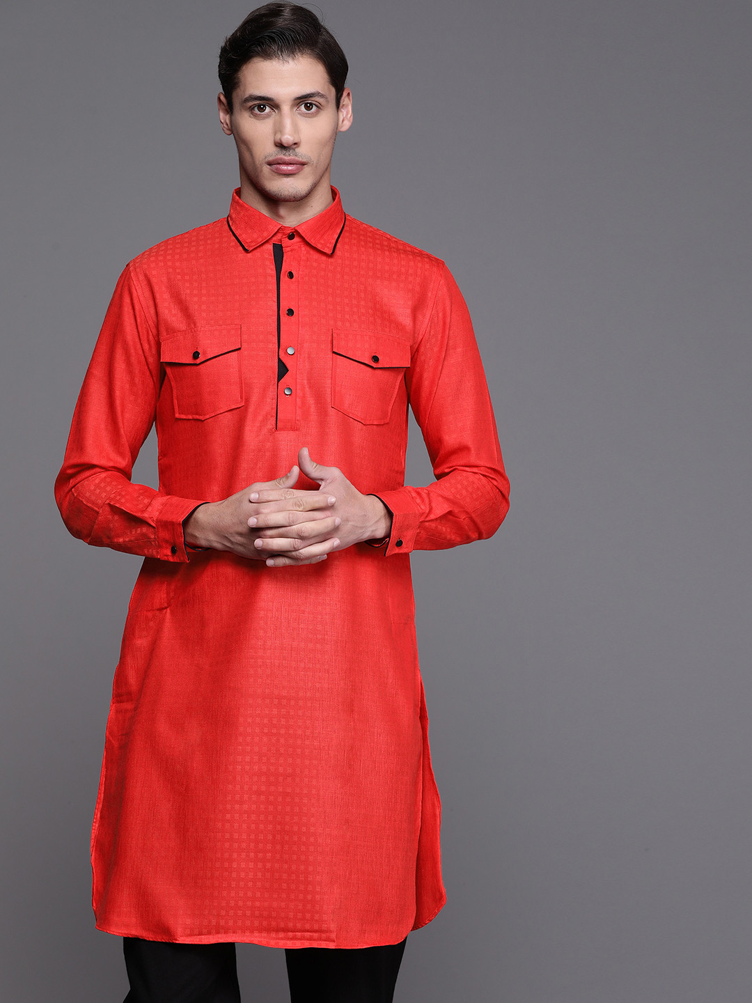 Manu Men Red Geometric Woven Design Pathani Kurta
Manu Men Red Geometric Woven Design Pathani Kurta