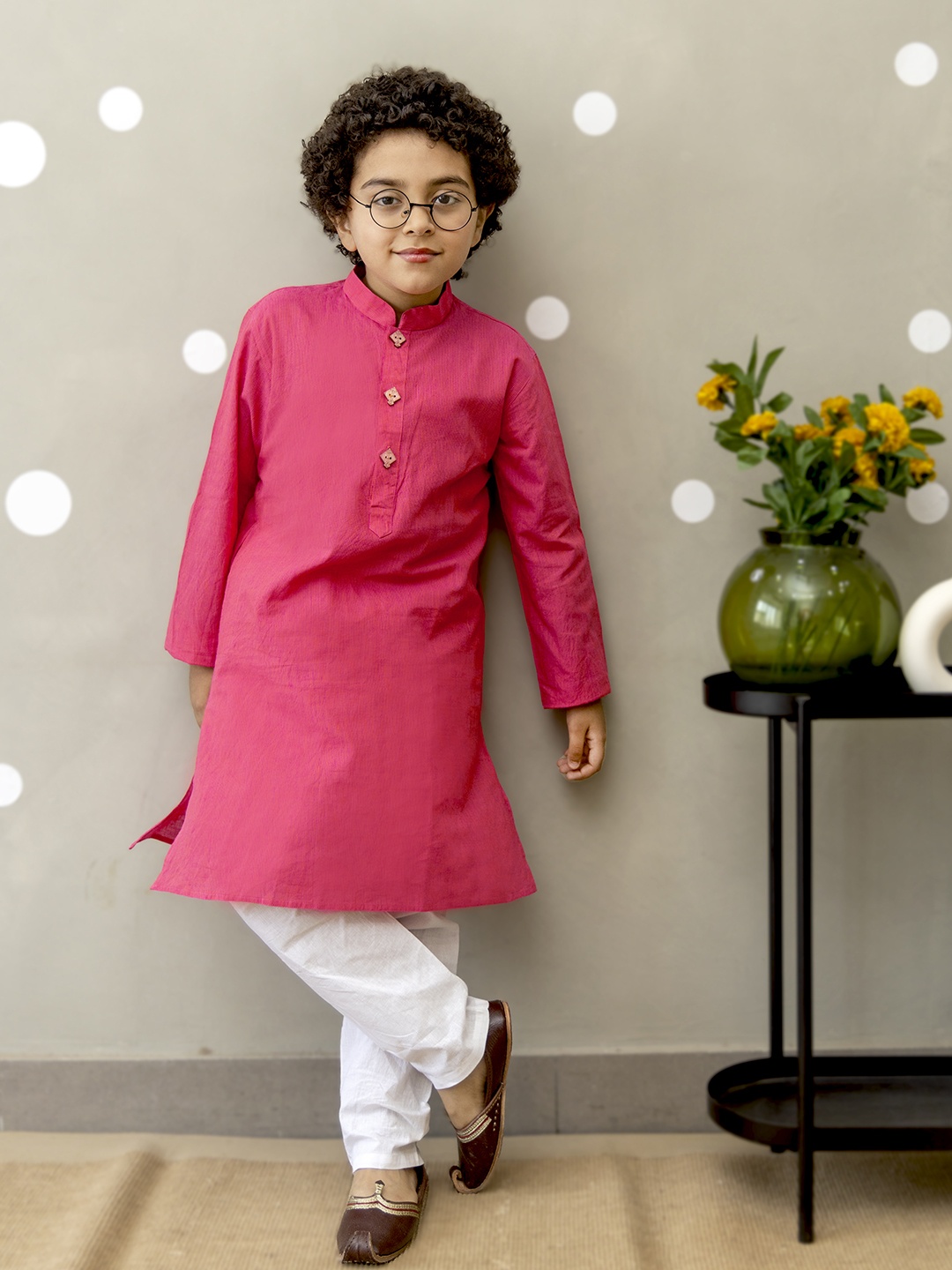 YK Boys Pink & White Straight Cotton Kurta with Pyjamas
