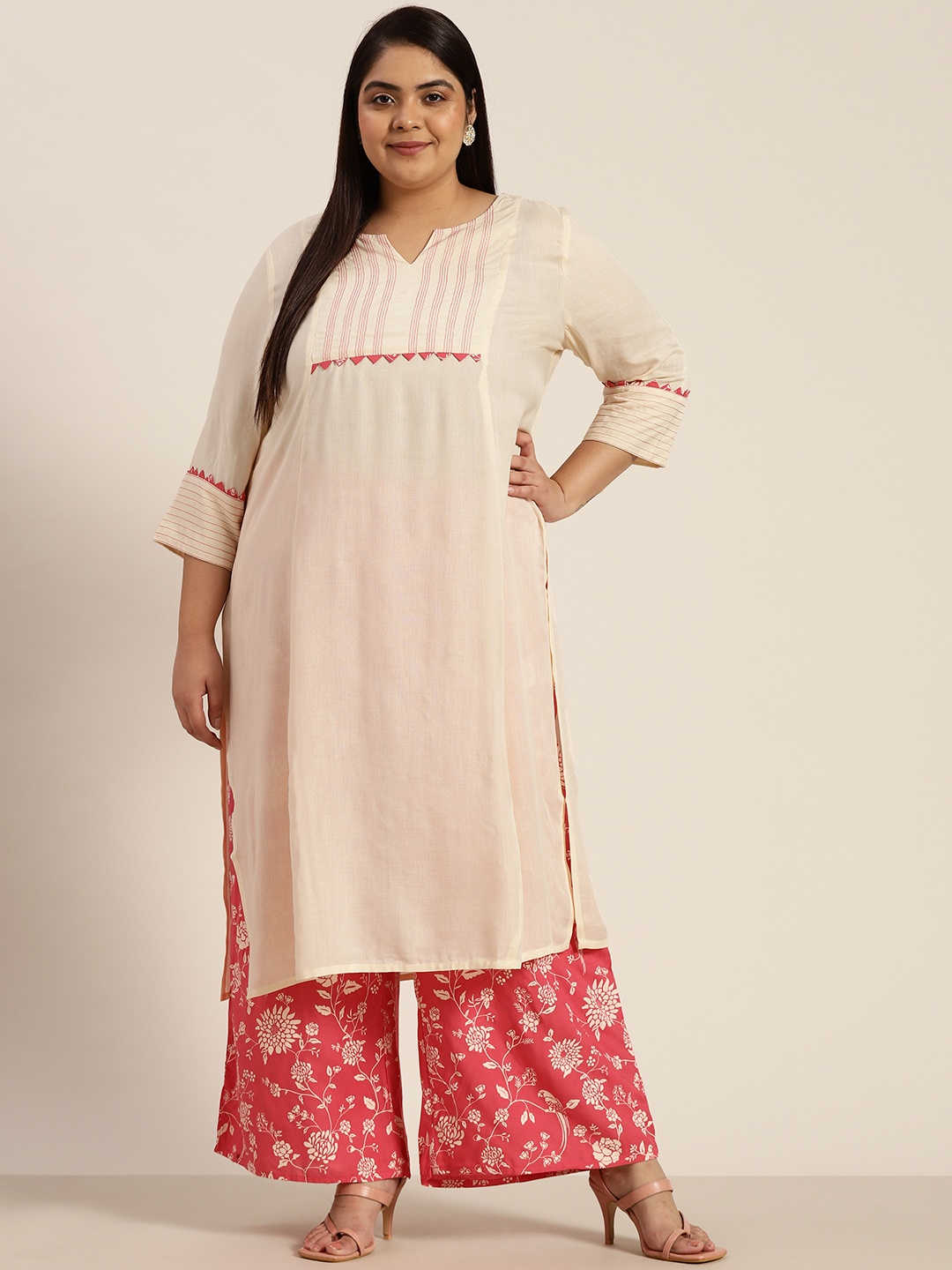 Sztori Plus Size Women Peach-Coloured & Coral Pink Yoke Design Kurta with Printed Palazzos
Sztori Plus Size Women Peach-Coloured & Coral Pink Yoke Design Kurta with Printed Palazzos