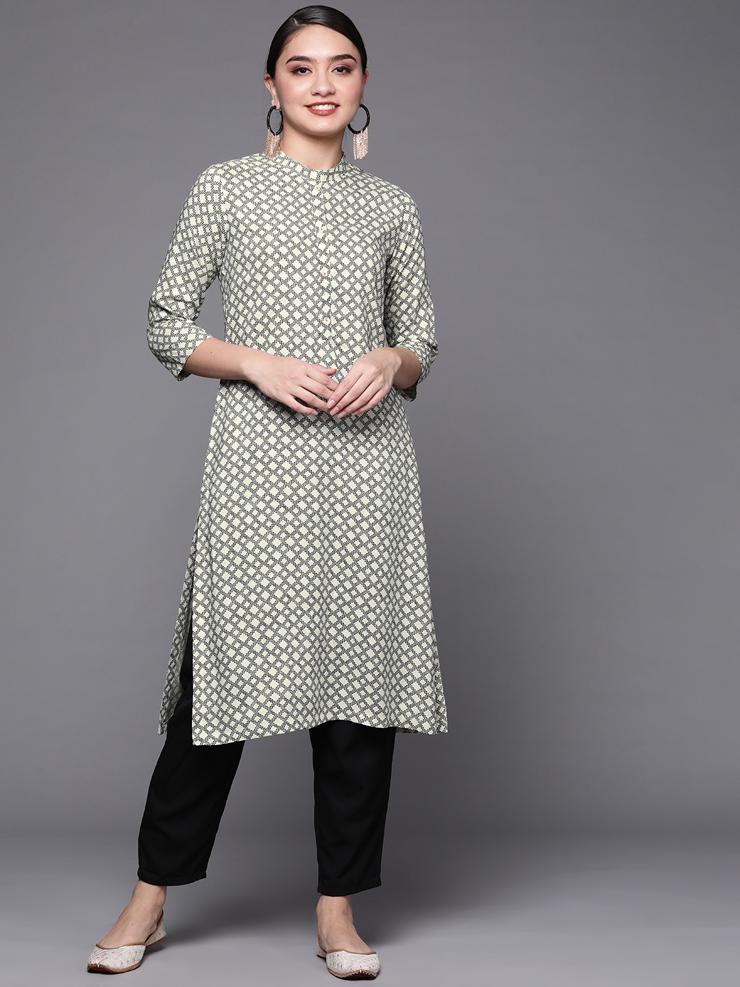 Biba Women Off-White & Black Printed Straight Kurta