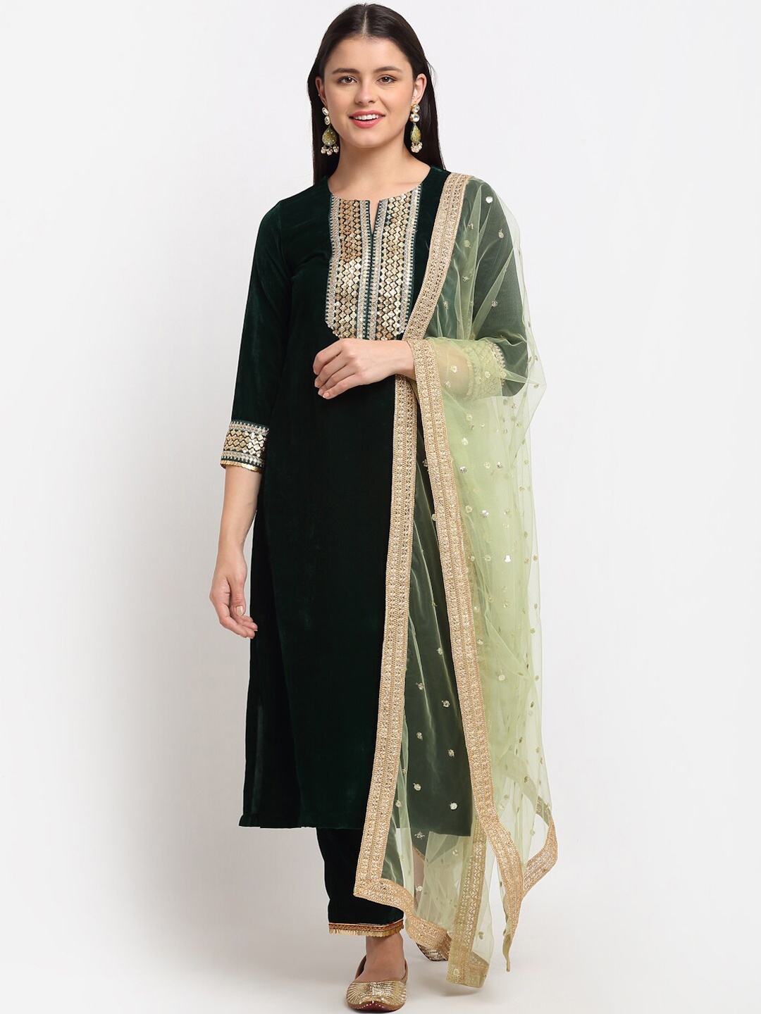 anokherang Women Green Ethnic Motifs Yoke Design Gotta Patti Velvet Kurta with Trousers
anokherang Women Green Ethnic Motifs Yoke Design Gotta Patti Velvet Kurta with Trousers