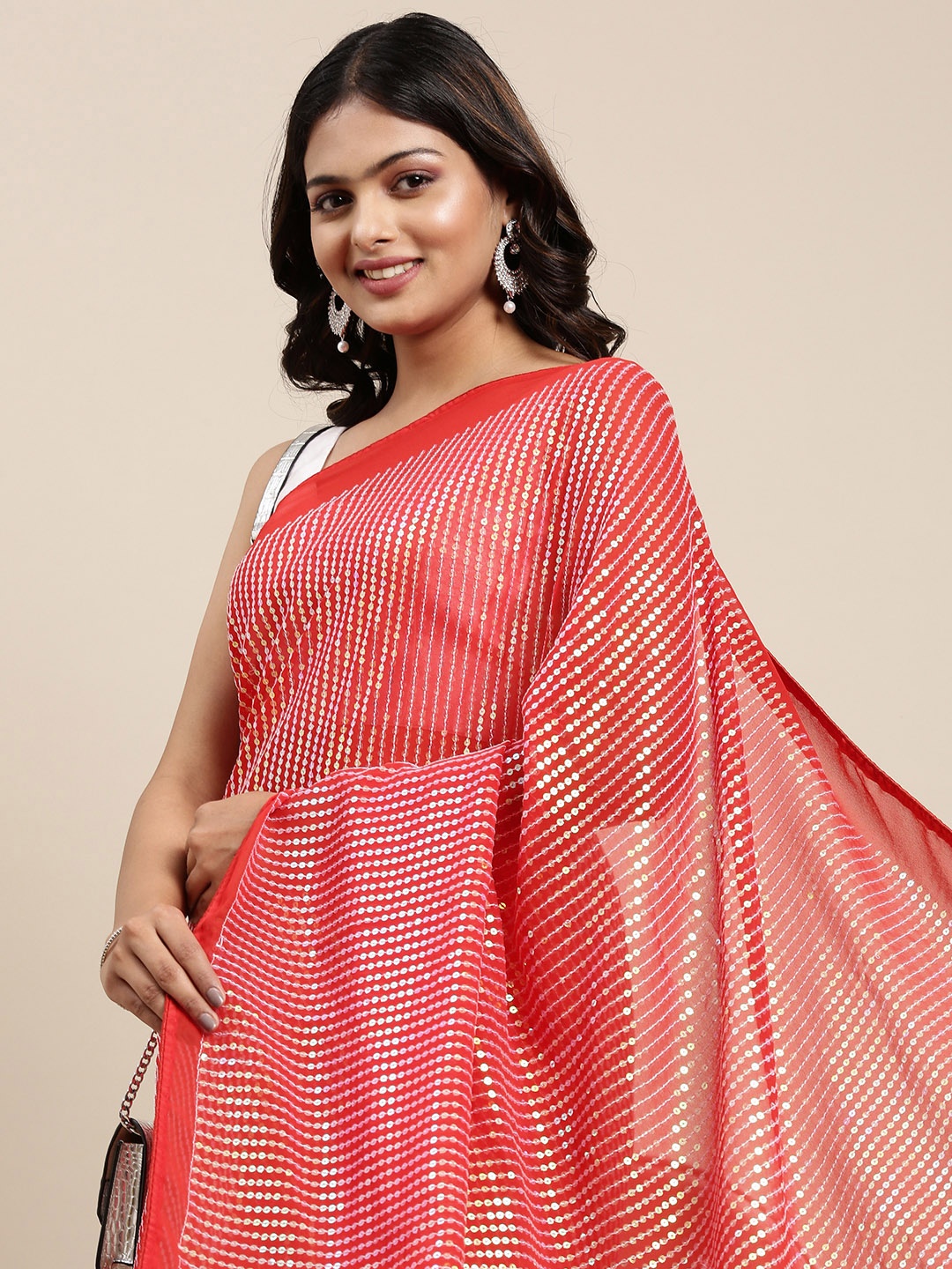 Mitera Red Embellished Sequinned Pure Georgette Saree