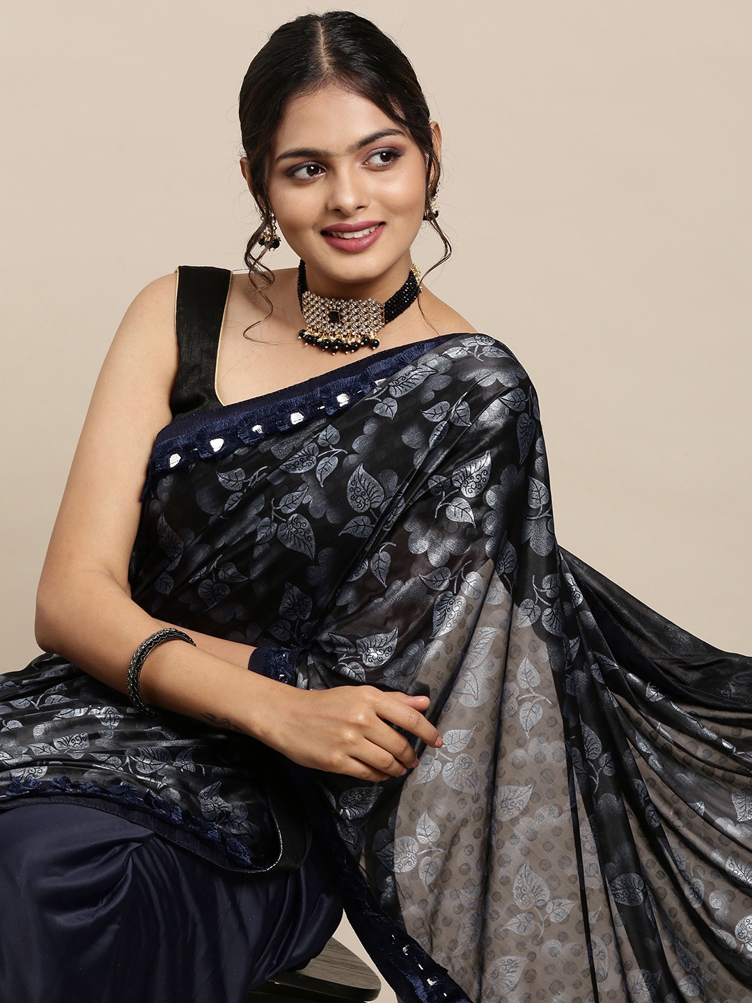 Mitera Navy Blue Floral Printed Sequinned Pure Georgette Saree