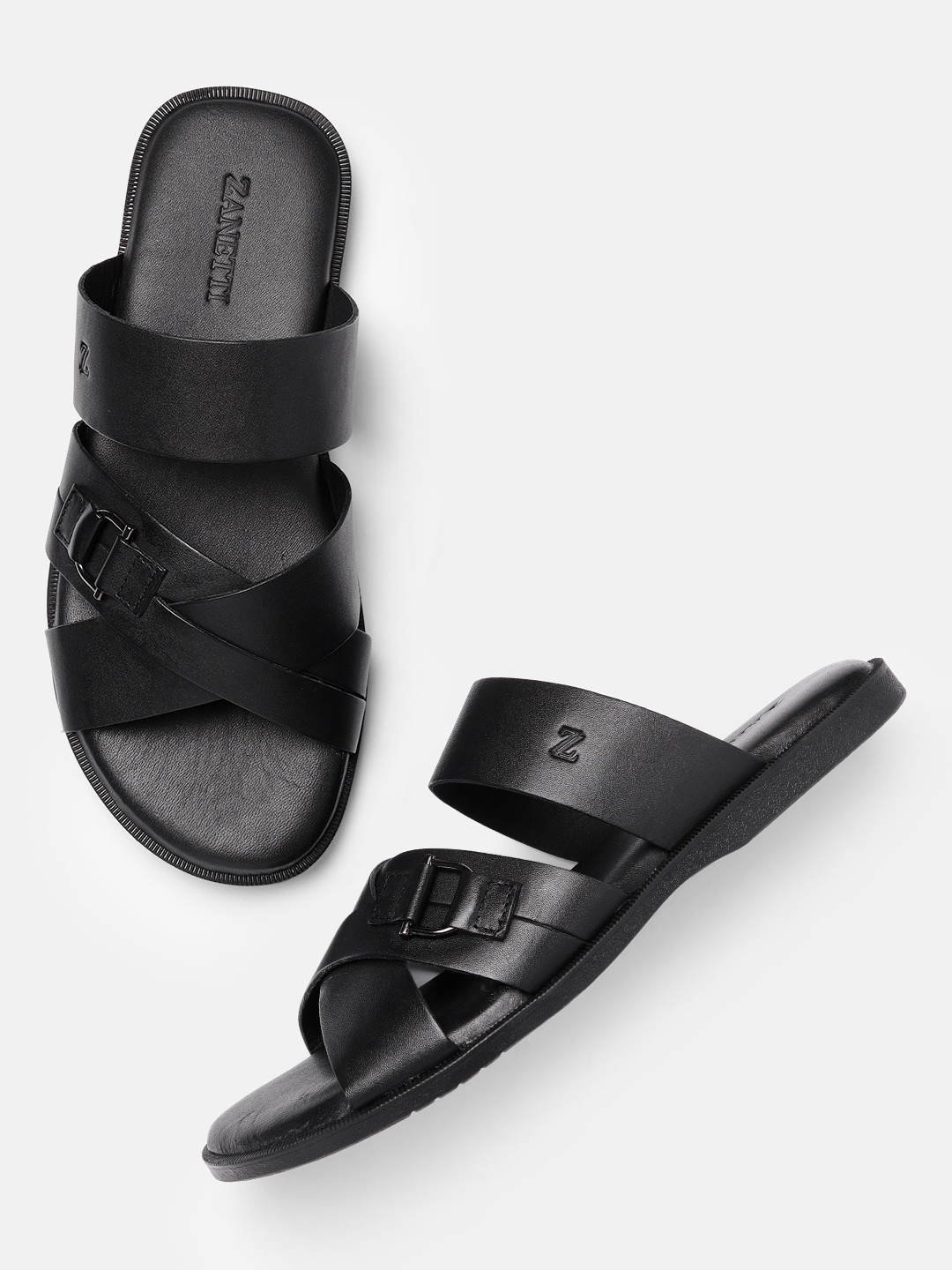 ZZANETTI Men Black Daily Leather Comfort Sandals