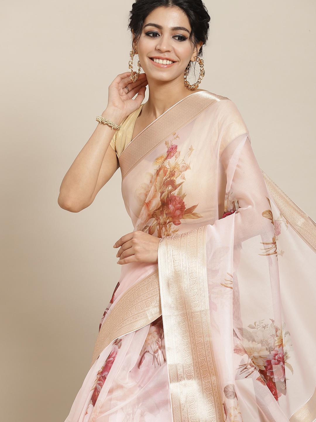 Mitera Pink & Brown Floral Zari Organza Saree