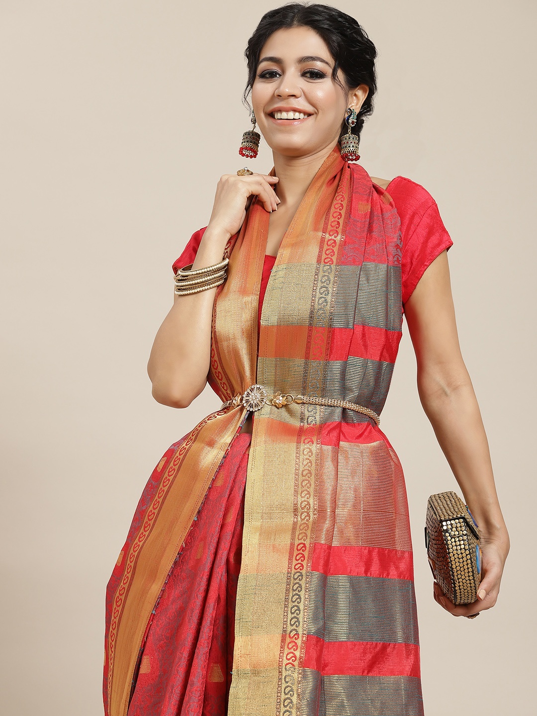 Mitera Red & Golden Ethnic Motifs Woven Design Zari Saree