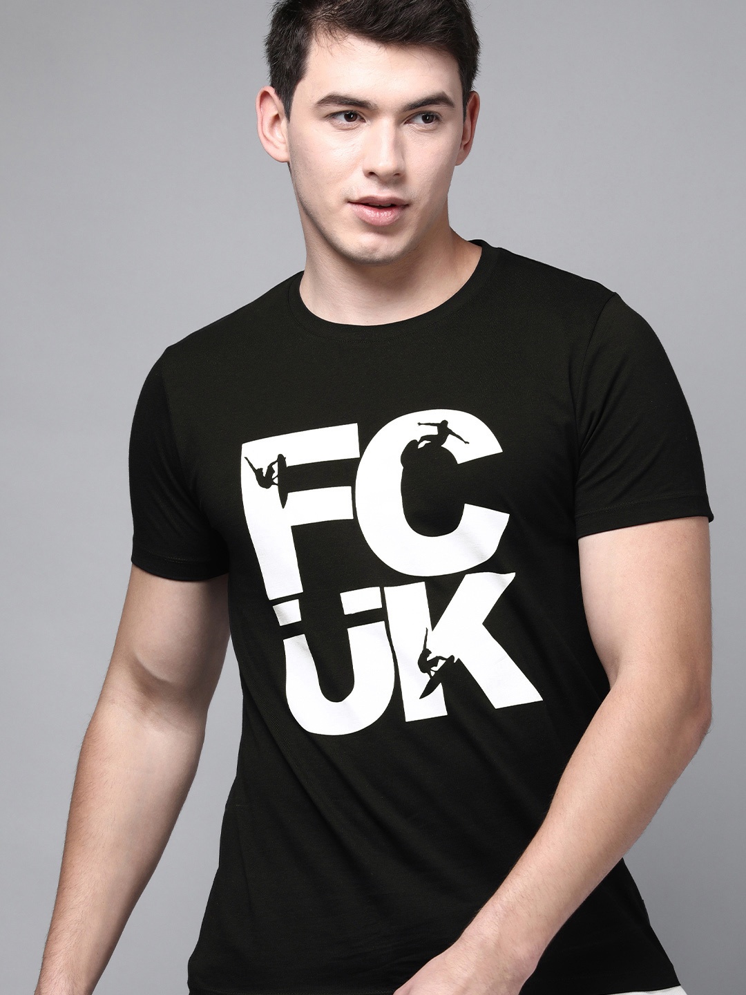 French Connection Men Black & White Typography Printed Slim Fit T-shirt