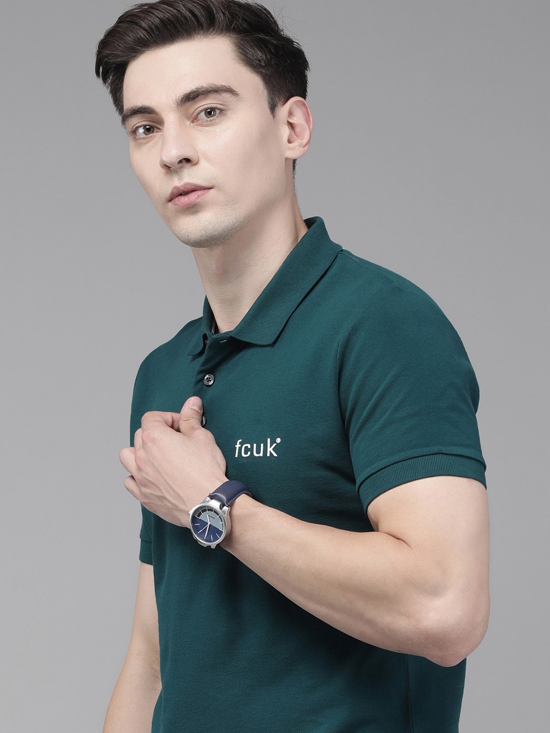 French Connection Men Green Brand Logo Polo Collar Slim Fit T-shirt