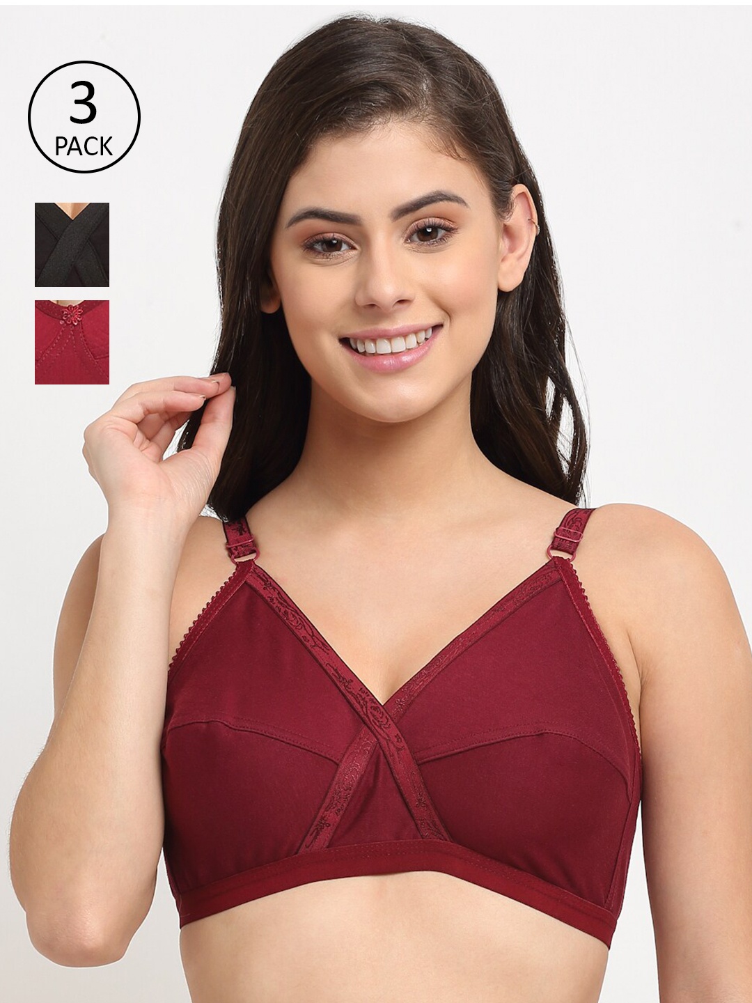 Friskers Pack Of 3 Black & Maroon Non Padded Minimizer Bras 2O-312-01-312-14-314-14-30
Friskers Pack Of 3 Black & Maroon Non Padded Minimizer Bras 2O-312-01-312-14-314-14-30