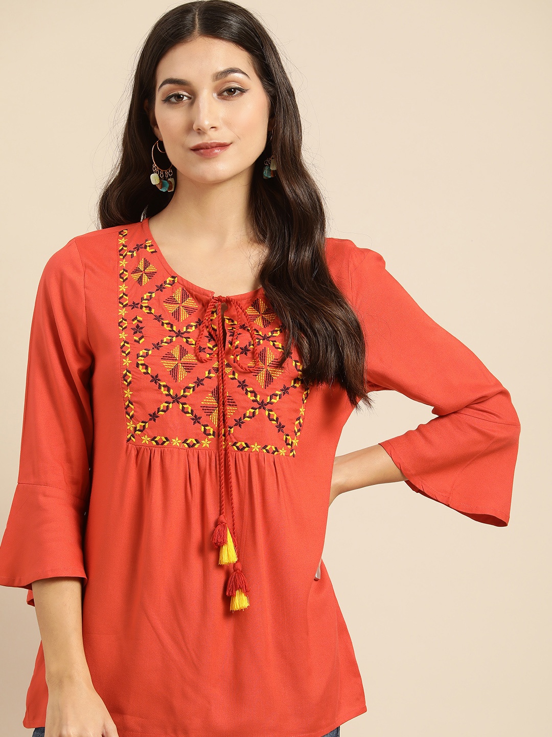 all about you Ethnic Motifs Yoke Design Tie-Up Neck Bell Sleeves Thread Work A-Line Kurti, Rust
all about you Ethnic Motifs Yoke Design Tie-Up Neck Bell Sleeves Thread Work A-Line Kurti, Rust