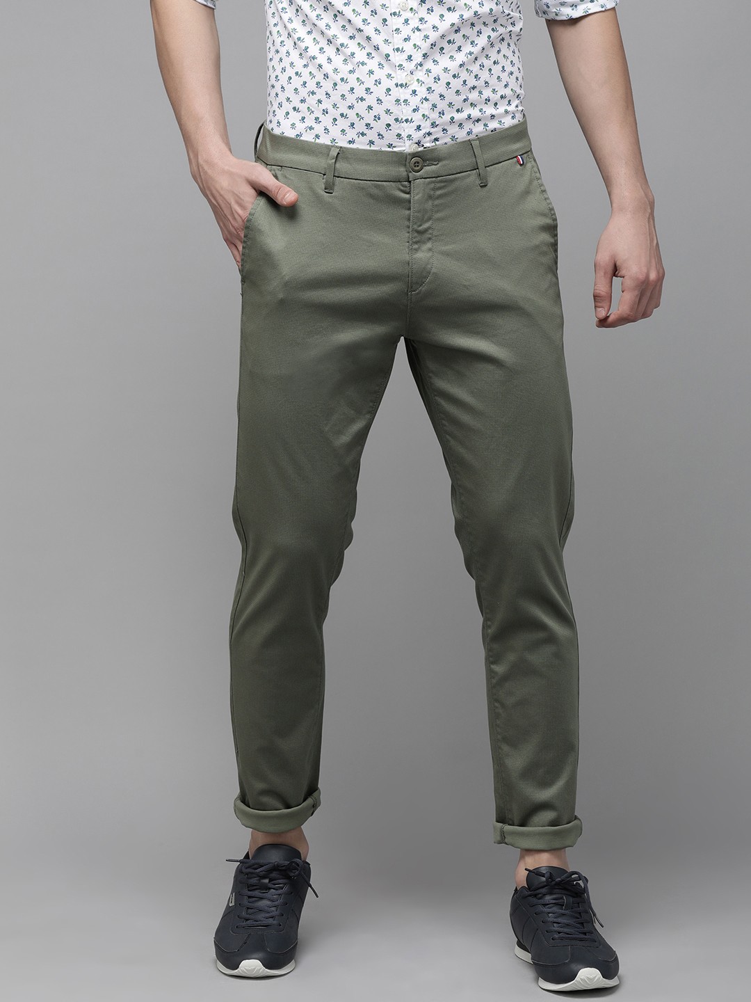 U.S. Polo Assn. Men Olive Green Printed Austin Trim Fit Regular Trousers