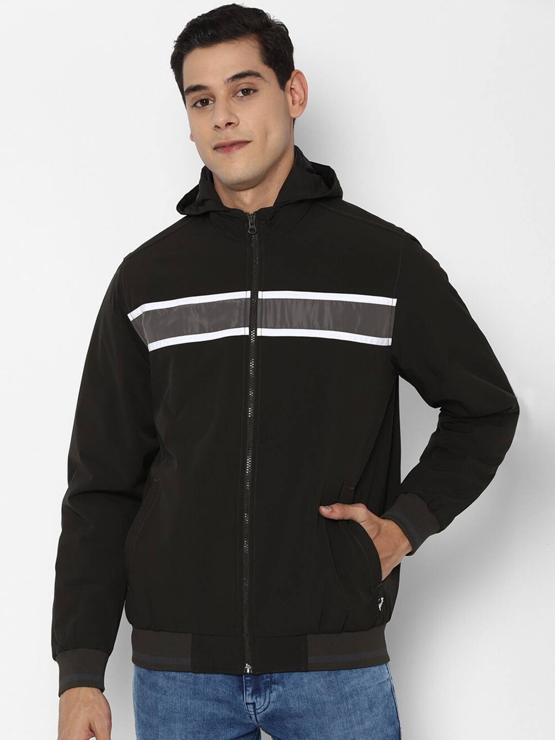 Allen Solly Men Black Striped Bomber Jacket