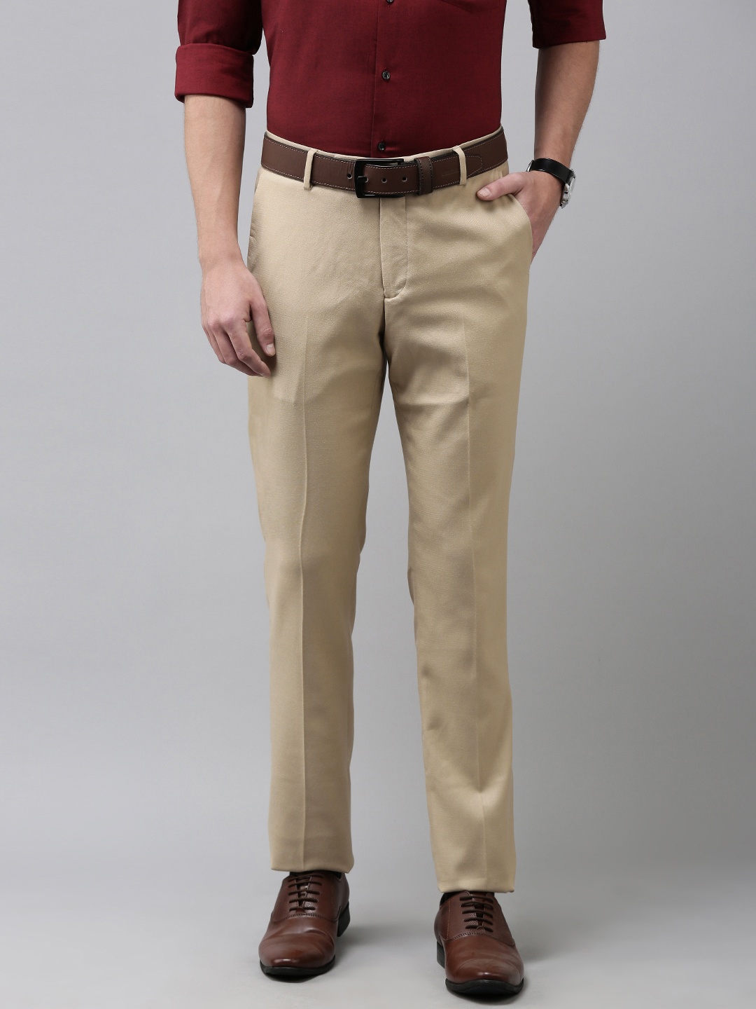 Arrow Men Beige Textured Tailored Fit Mid Rise Formal Trousers