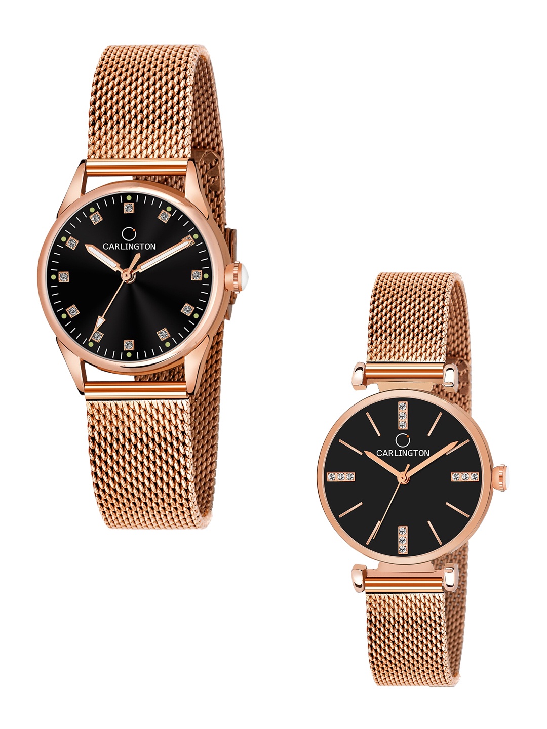 CARLINGTON Women Set of 2 Dial Bracelet Style Straps Analogue Watch CT2003 CT2011, Black