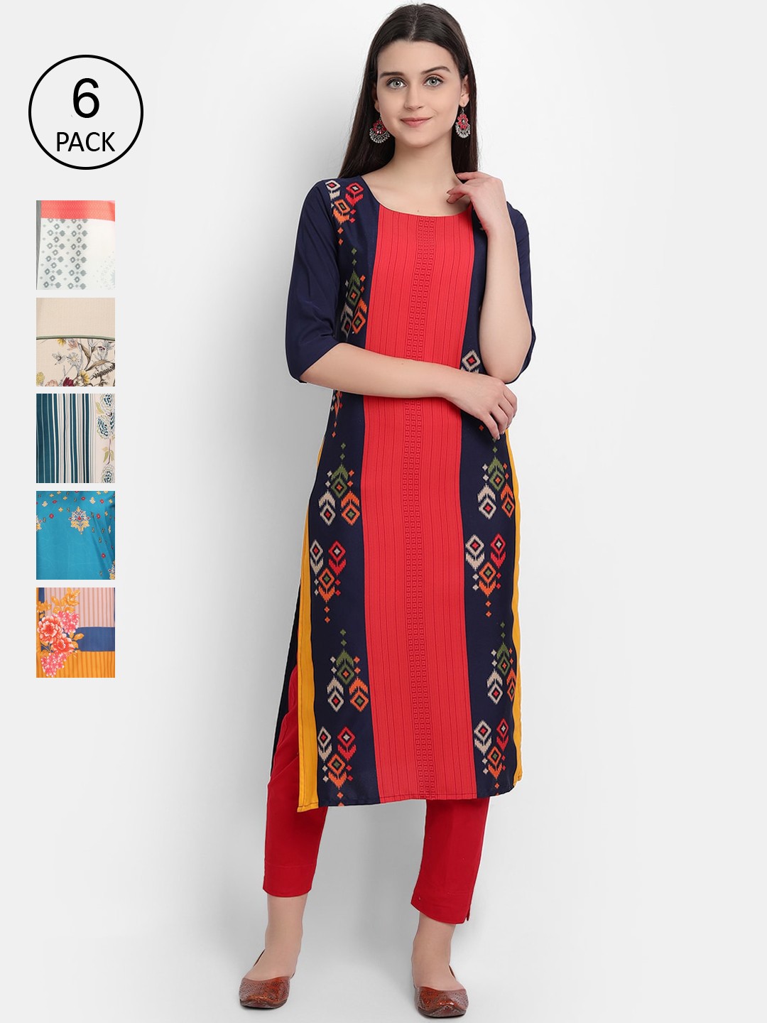 7Threads Women Pack Of 6 Multicoloured Colourblocked Thread Work Crepe Kurtas, Multi
7Threads Women Pack Of 6 Multicoloured Colourblocked Thread Work Crepe Kurtas, Multi