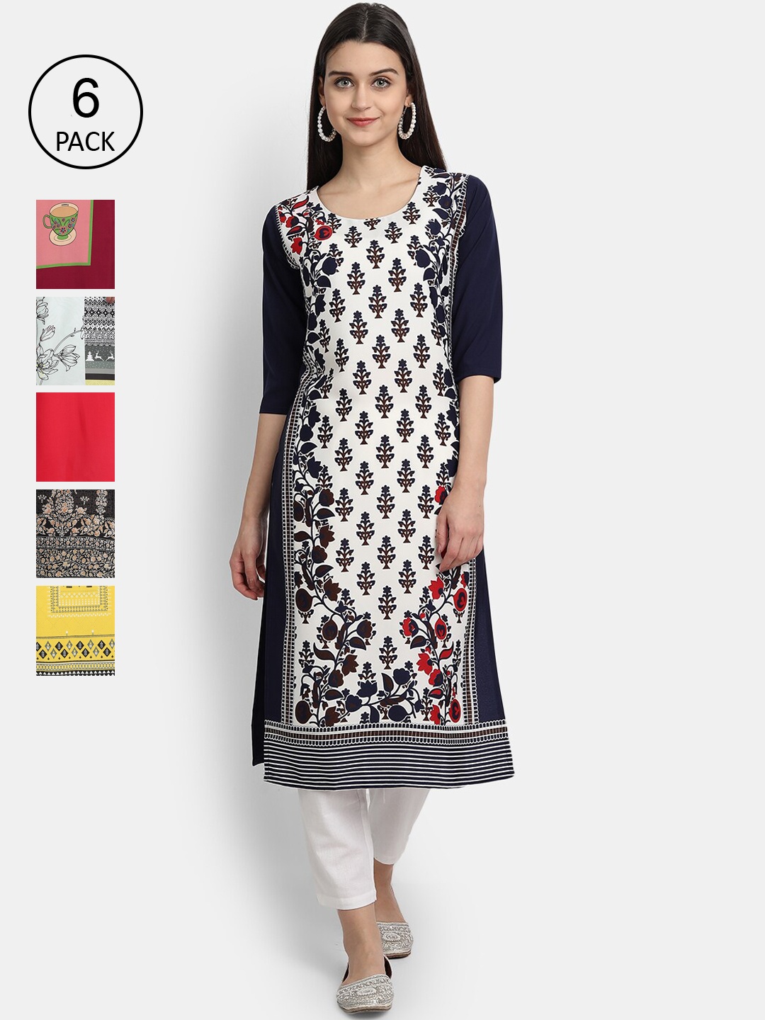 7Threads Woman Pack of 6 Multicoloured Ethnic Motifs Printed Crepe Kurta, Multi
