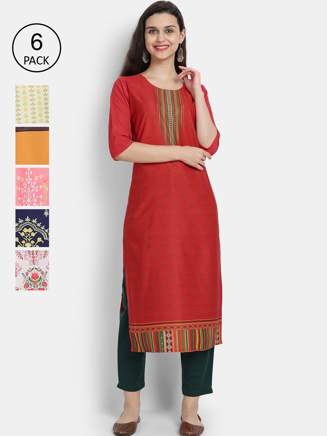7Threads Women Pack Of 6 Ethnic Motifs Printed Crepe Kurta, Multi