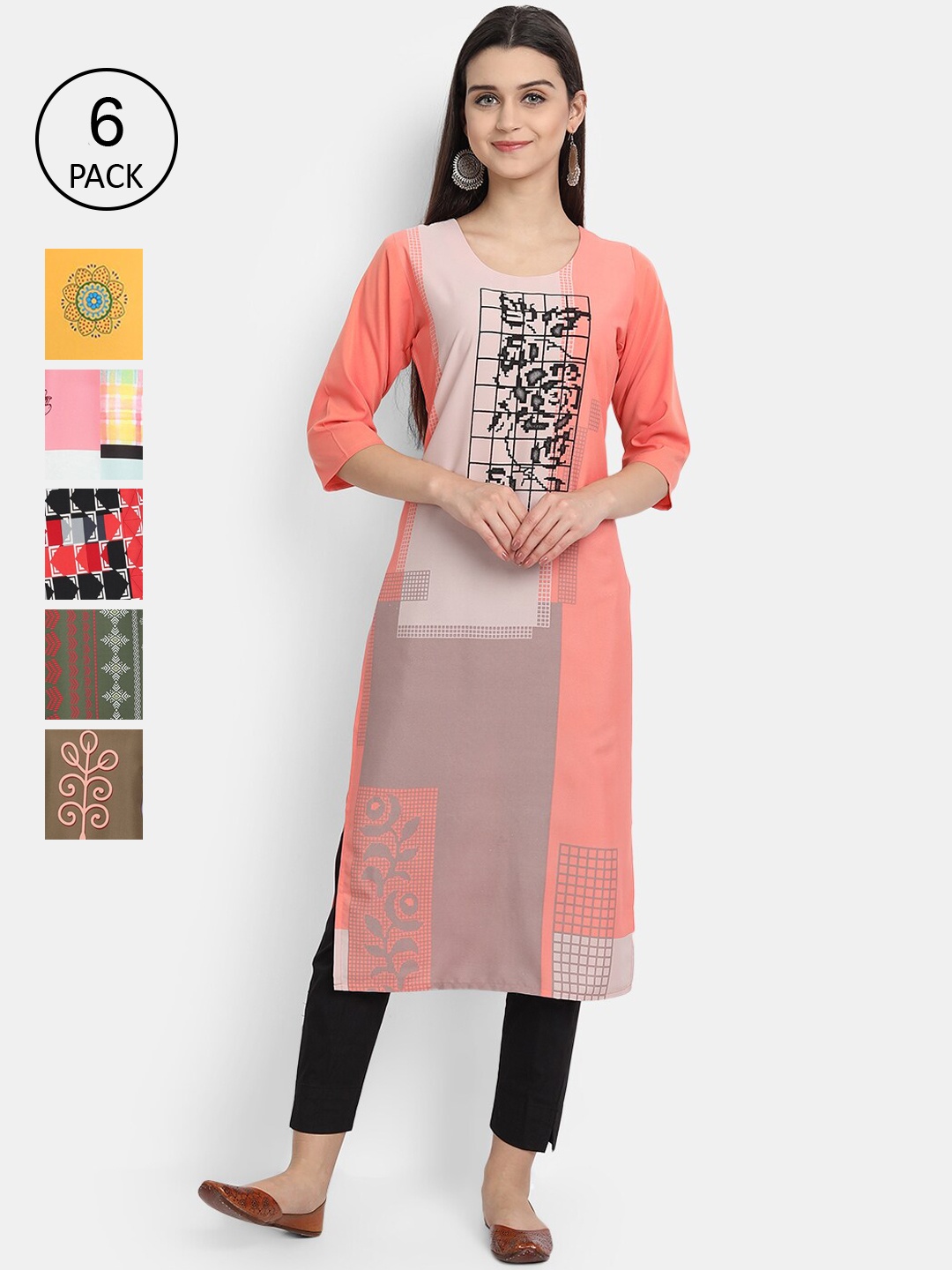 7Threads Women Pack of 6 Printed Crepe Kurtas, Pink