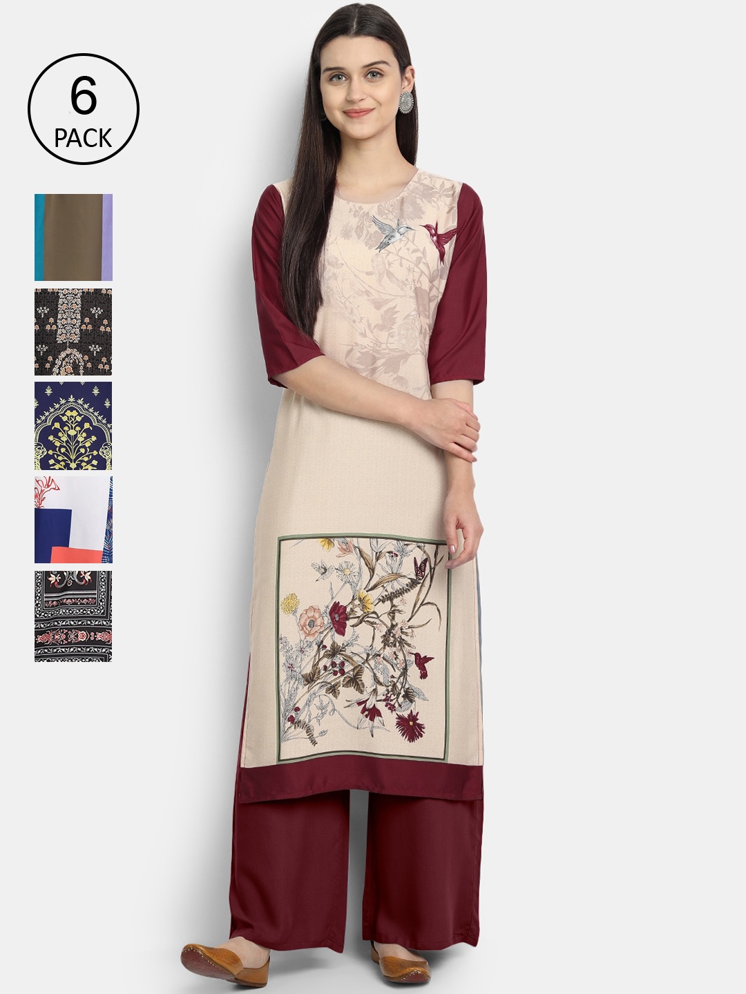 7Threads Women Pack of 6 Printed Crepe Kurtas, Black