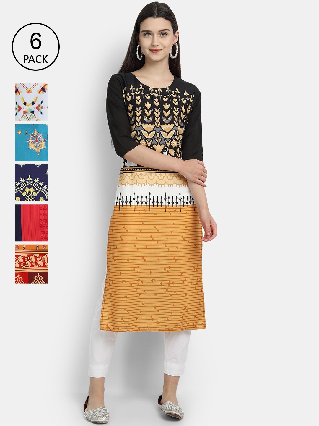 7Threads Women Multicoloured Geometric Printed Thread Work Crepe Kurta, Multi