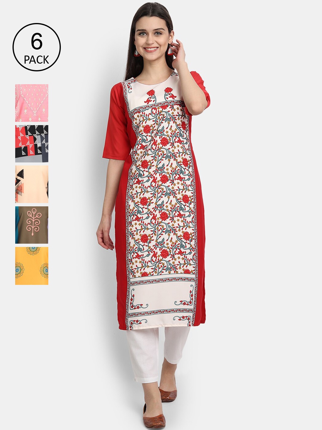 7Threads Women Pack of 6 Floral Printed Crepe Kurta, Multi